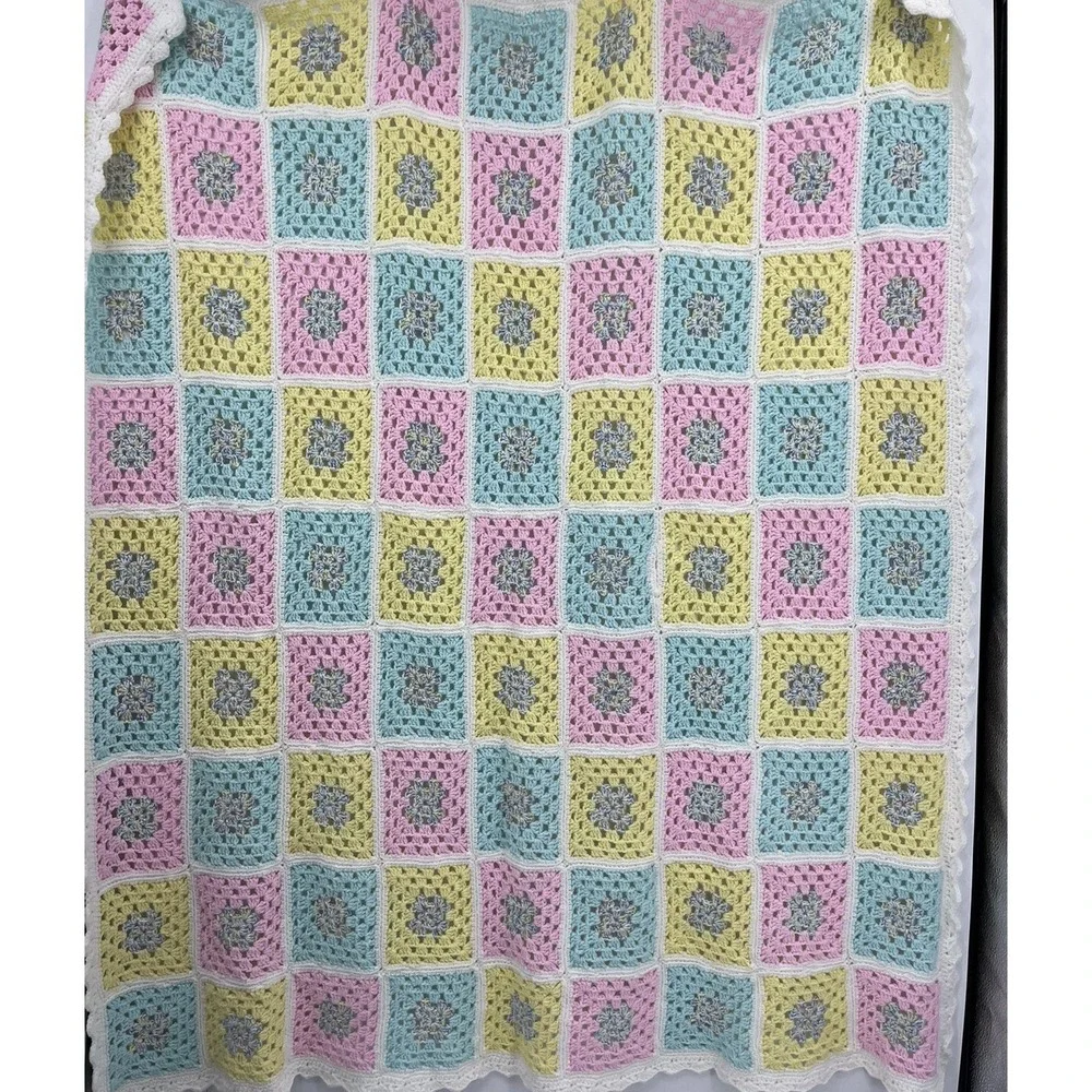 Vintage Pastel Afghan Granny Square Crocheted Baby Blanket Handmade 59 x 46
